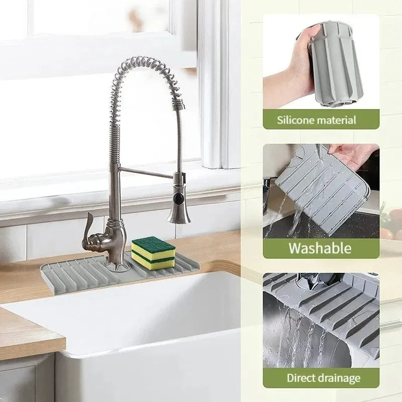 Silicone Faucet Mat | Dish Soap Sponge Holder & Sink Splash Guard Drain Pad