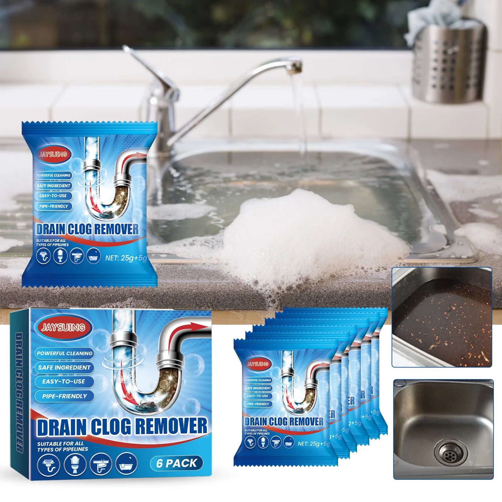 Fast Acting Drain Cleaner Powder | Hair & Grease Dissolver & Odor Eliminator