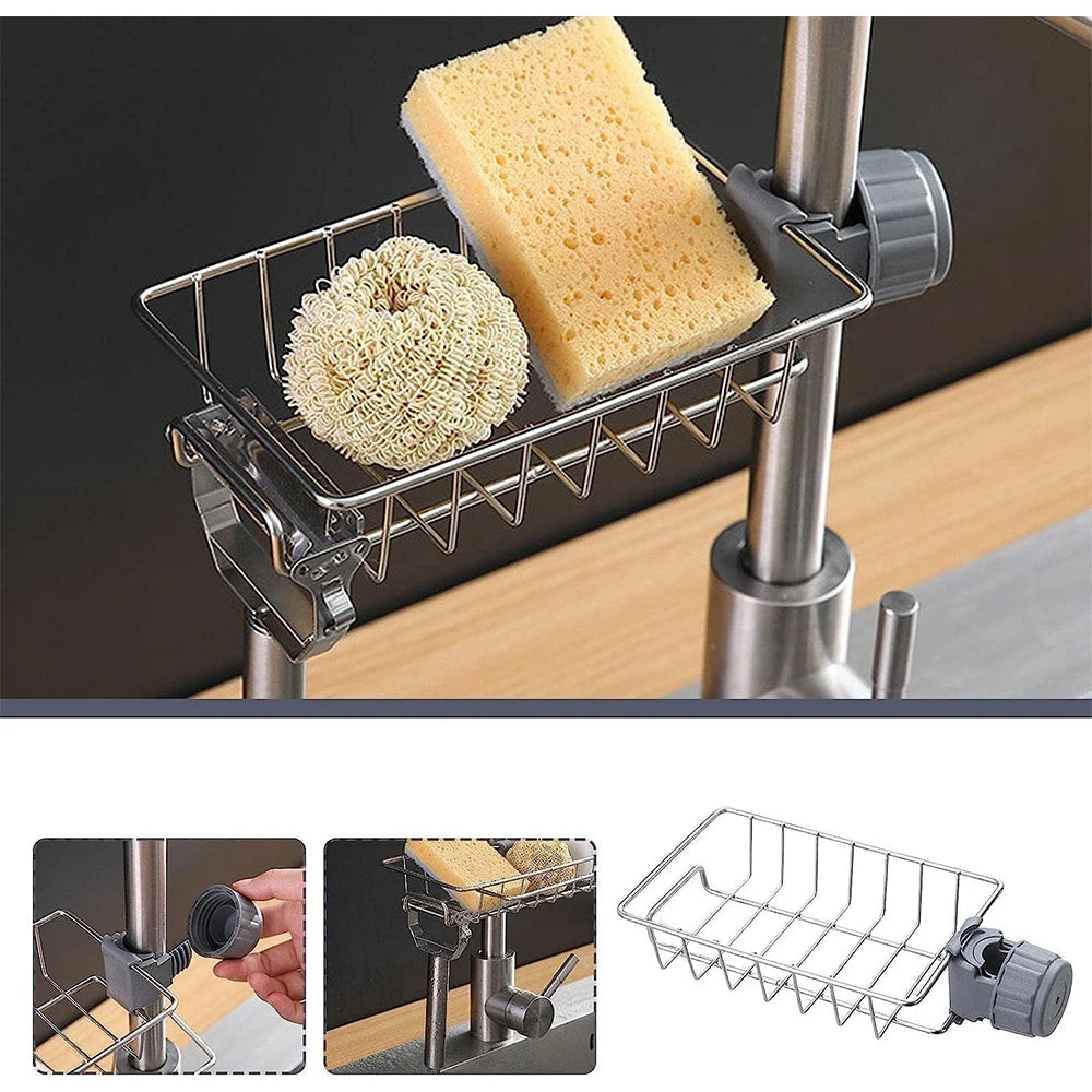 Kitchen Sink Drain Rack | Sponge Storage, Faucet Holder & Soap Drainer Organizer