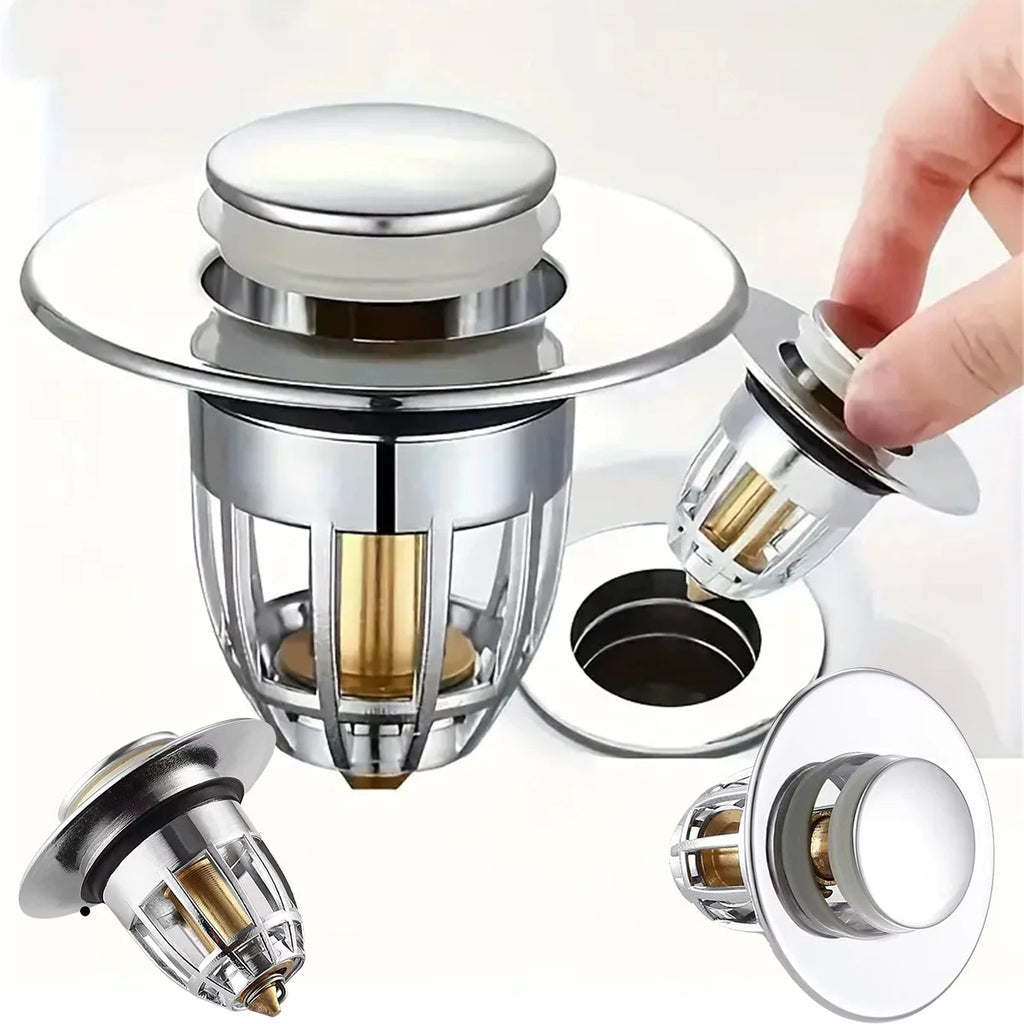 Universal Rebound Drain Plug Filter | Pop-Up Chrome Sink Stopper with Hair Catcher
