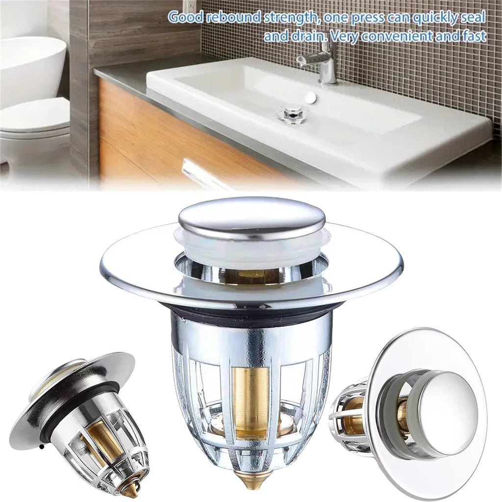 Universal Rebound Drain Plug Filter | Pop-Up Chrome Sink Stopper with Hair Catcher