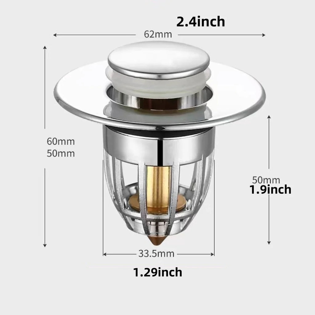 Universal Rebound Drain Plug Filter | Pop-Up Chrome Sink Stopper with Hair Catcher