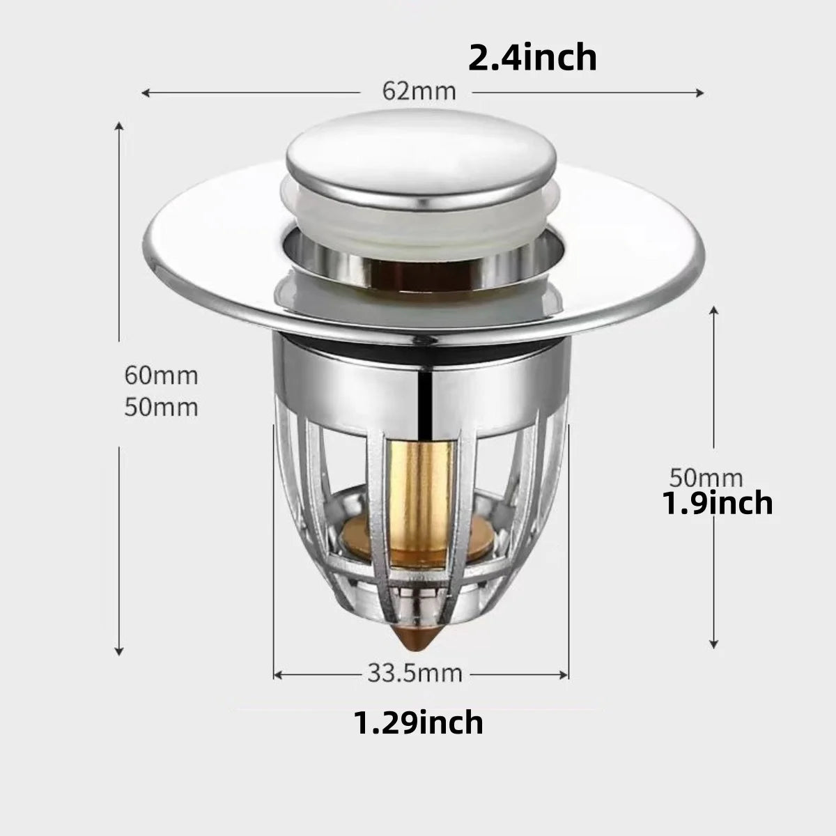 Universal Rebound Drain Plug Filter | Pop-Up Chrome Sink Stopper with Hair Catcher
