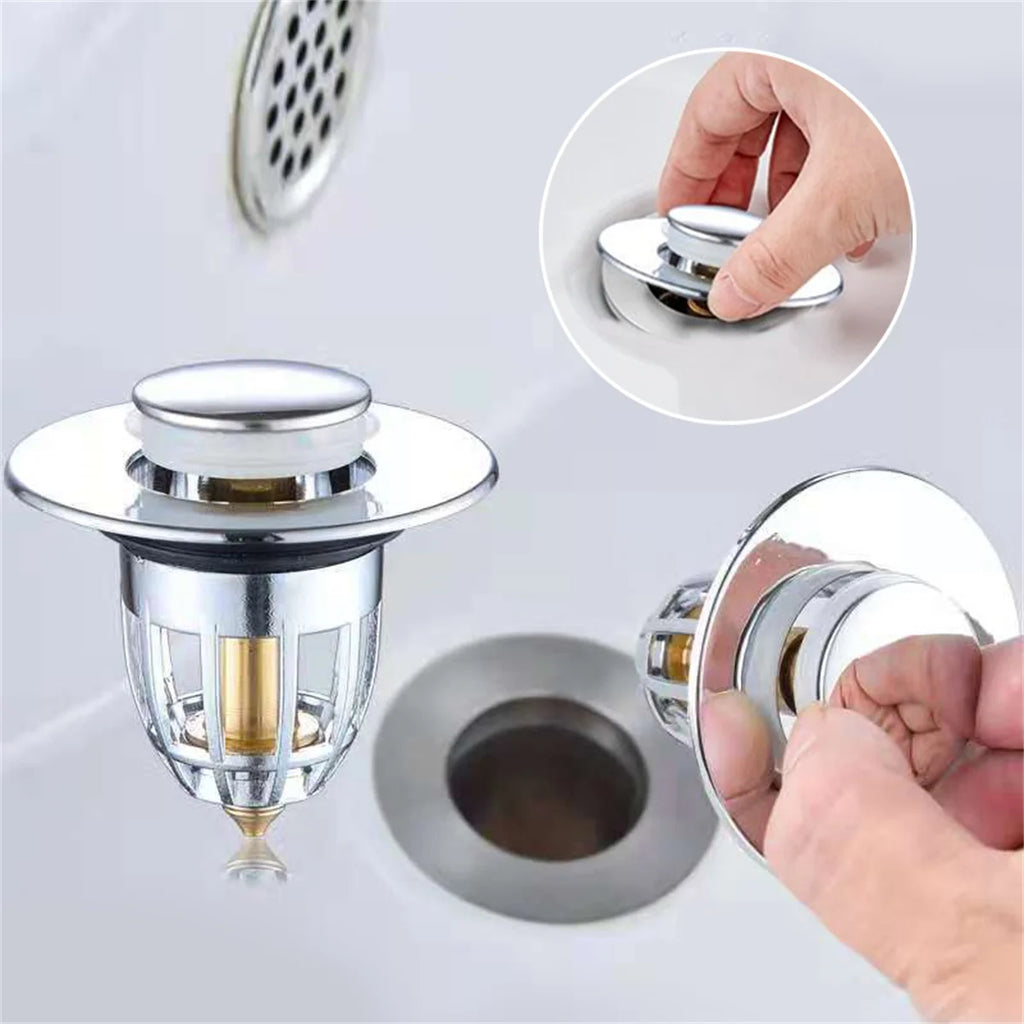 Universal Rebound Drain Plug Filter | Pop-Up Chrome Sink Stopper with Hair Catcher