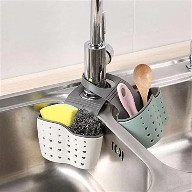Sink Draining Hanging Basket | Adjustable Rubber Soap Sponge Shelf & Faucet Holder
