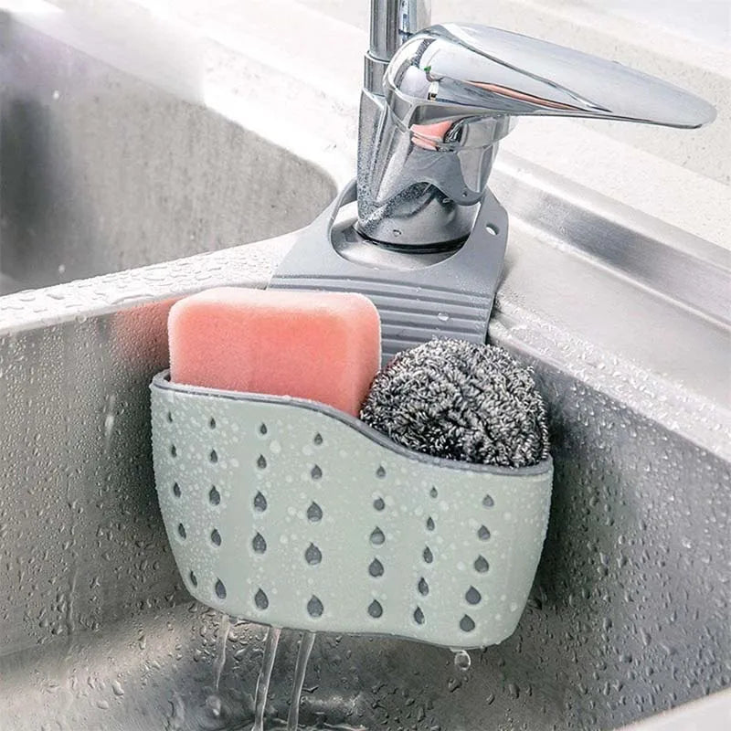 Sink Draining Hanging Basket | Adjustable Rubber Soap Sponge Shelf & Faucet Holder