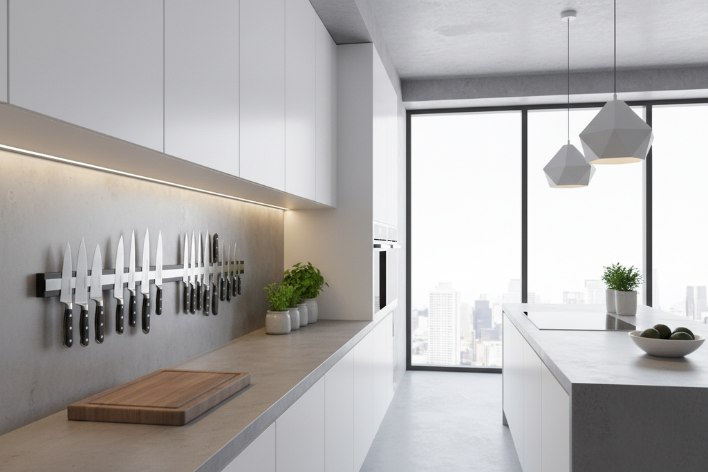 Magnetic knife strip organizer mounted in modern kitchen with knives displayed