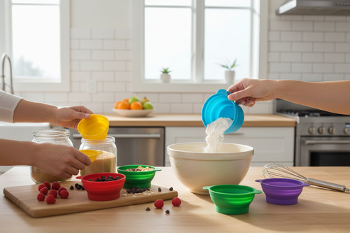 Silicone collapsible measuring cups in use during baking on kitchen counter