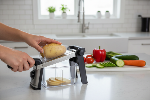 Adjustable mandoline slicer in use slicing vegetables on kitchen counter