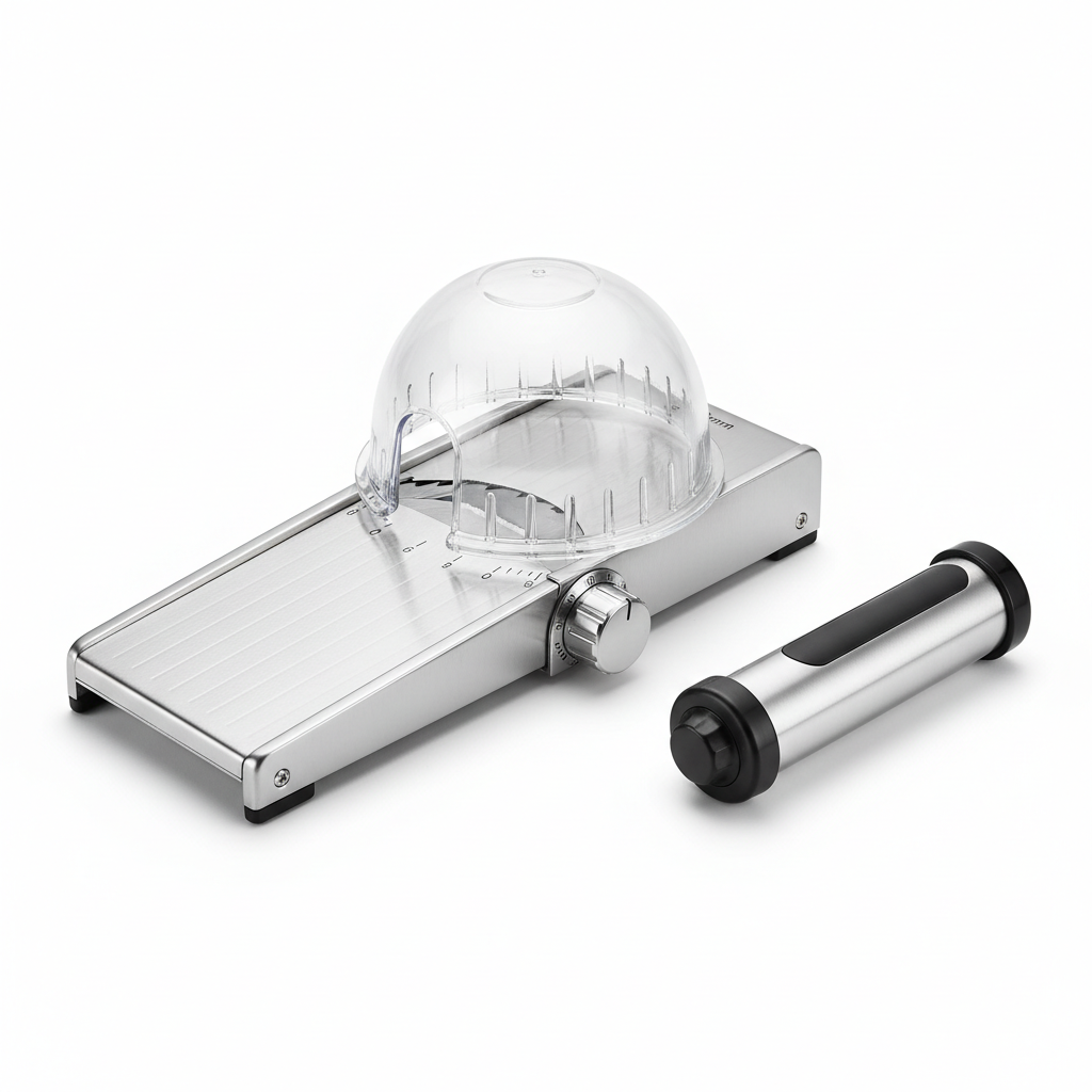 Adjustable mandoline slicer with safety guard product shot on white background