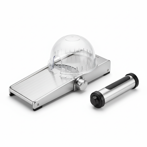 Adjustable mandoline slicer with safety guard product shot on white background